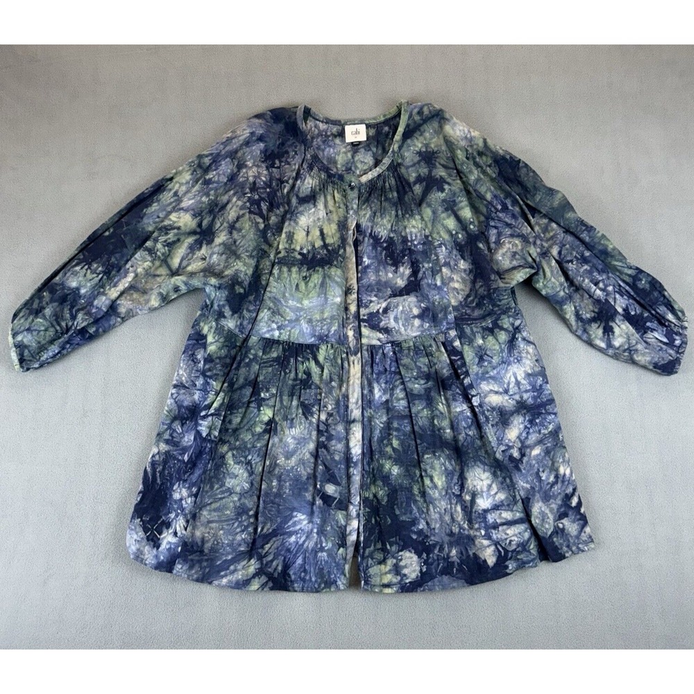 Cabi Tunic Top Womens Medium Blue Green Tie Dye Linen Blend Babydoll  Boho